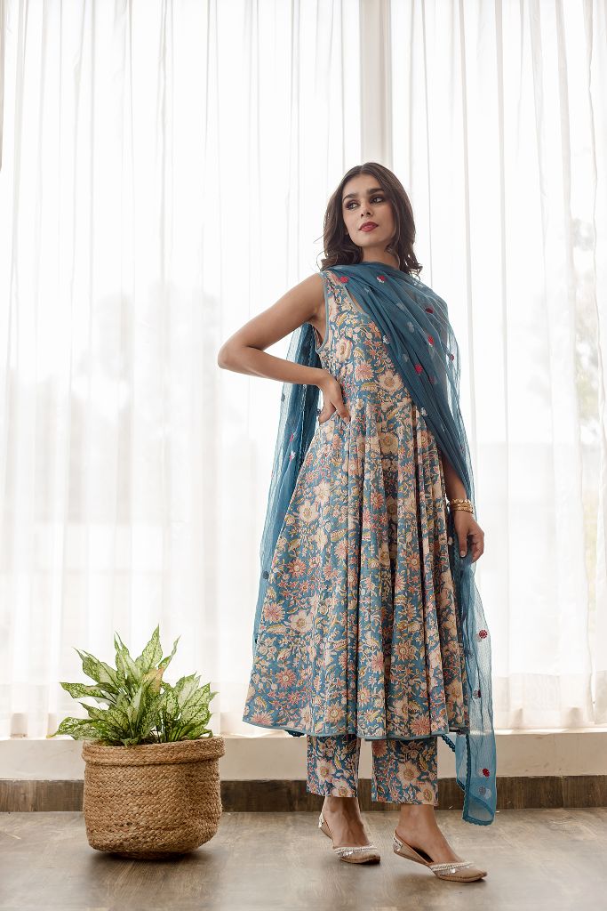 KUSHA BLUE ANARKALI SET Gulabo Jaipur