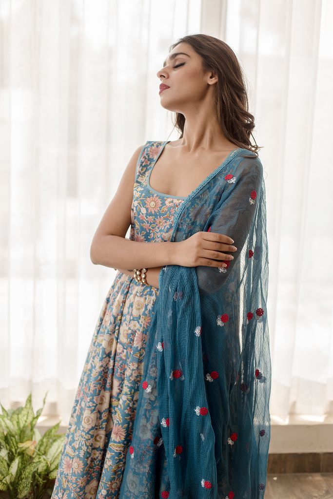 KUSHA BLUE ANARKALI SET Gulabo Jaipur