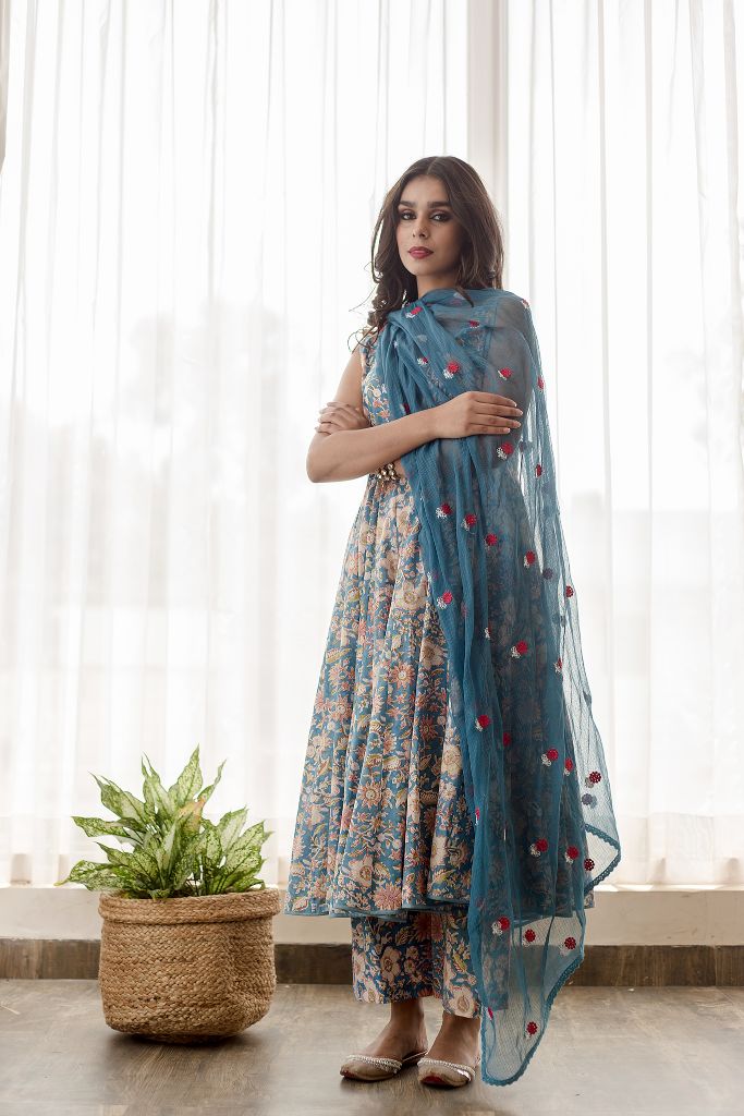 KUSHA BLUE ANARKALI SET Gulabo Jaipur