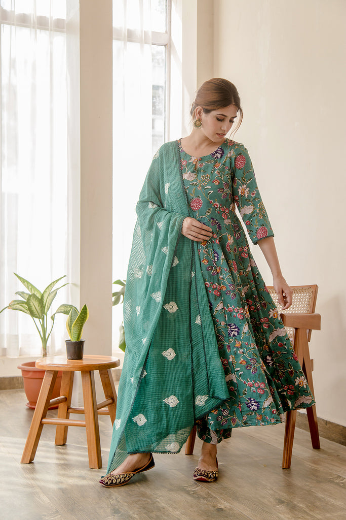 ORCHID EMERALD GREEN ANARKALI SET Gulabo Jaipur