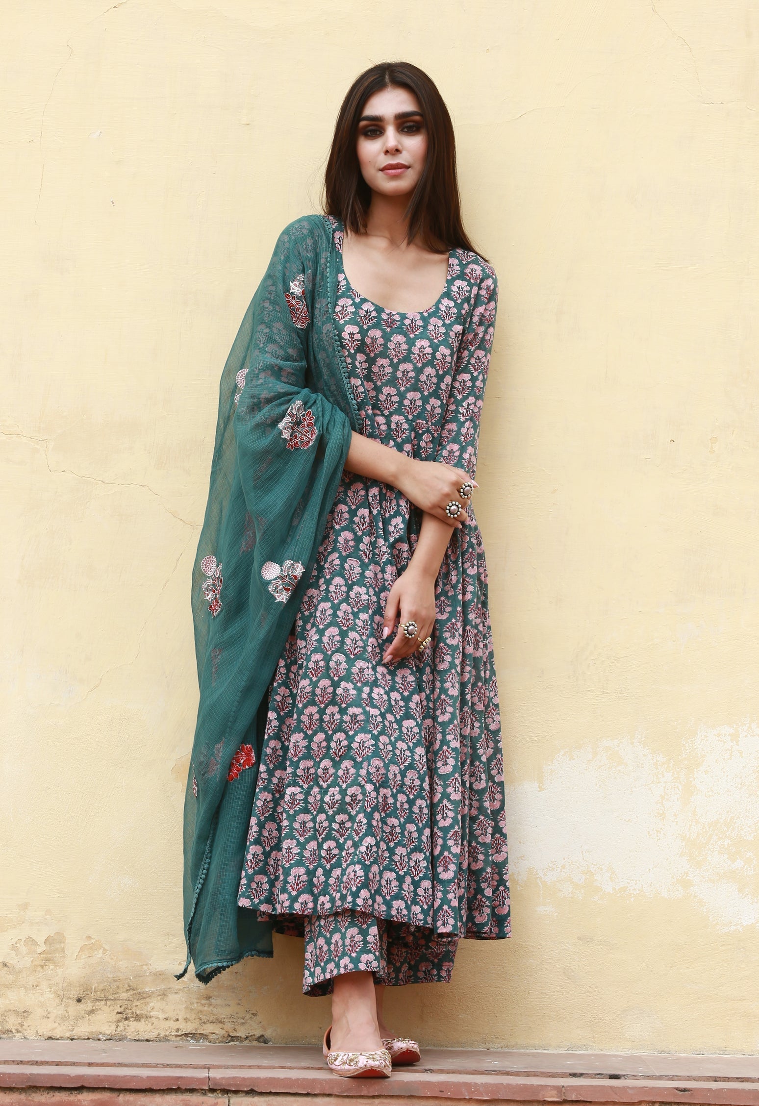 SUNFLOWER GREEN ANARKALI SET Gulabo Jaipur