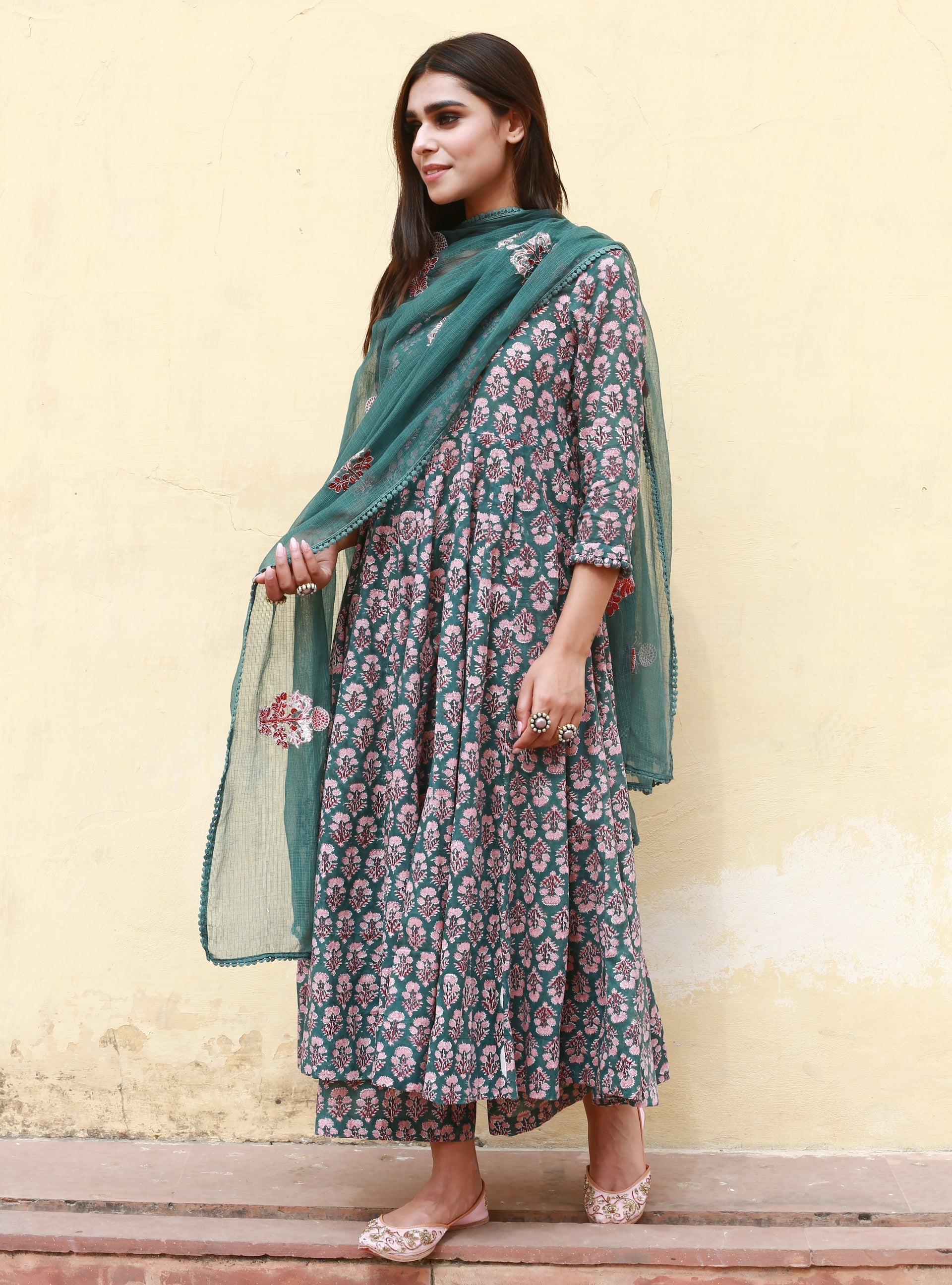 SUNFLOWER GREEN ANARKALI SET Gulabo Jaipur