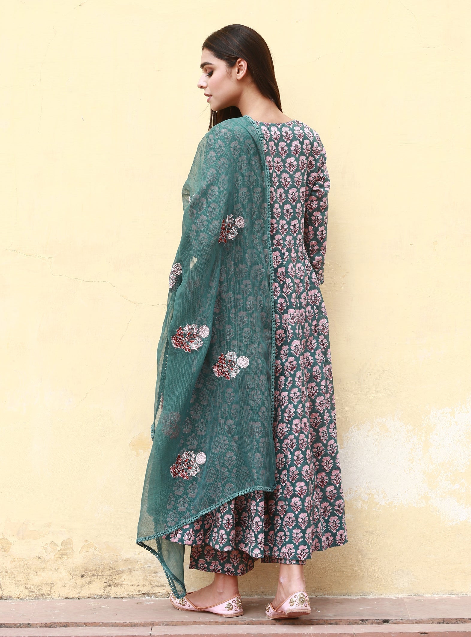 SUNFLOWER GREEN ANARKALI SET Gulabo Jaipur