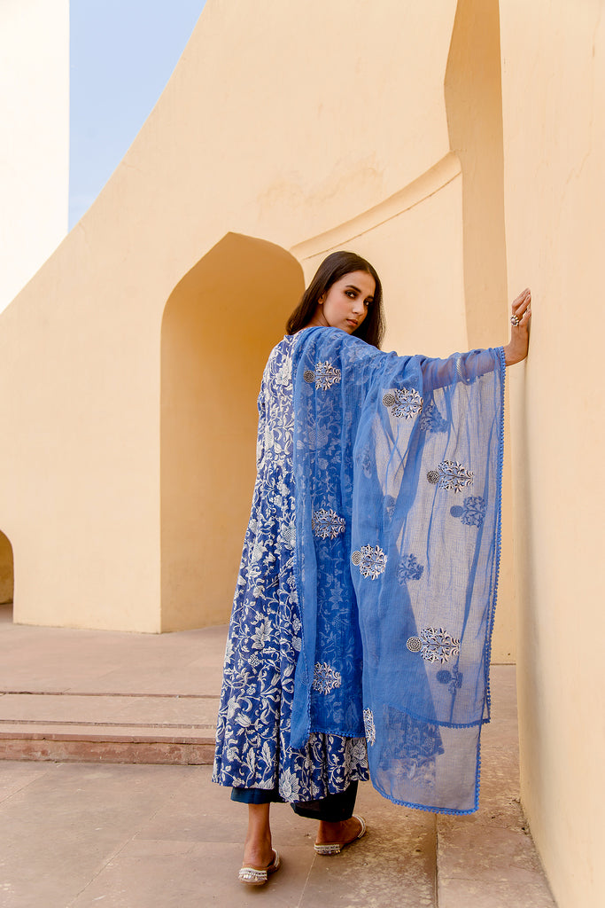 SUNFLOWER INDIGO JAAL ANARKALI SET Gulabo Jaipur