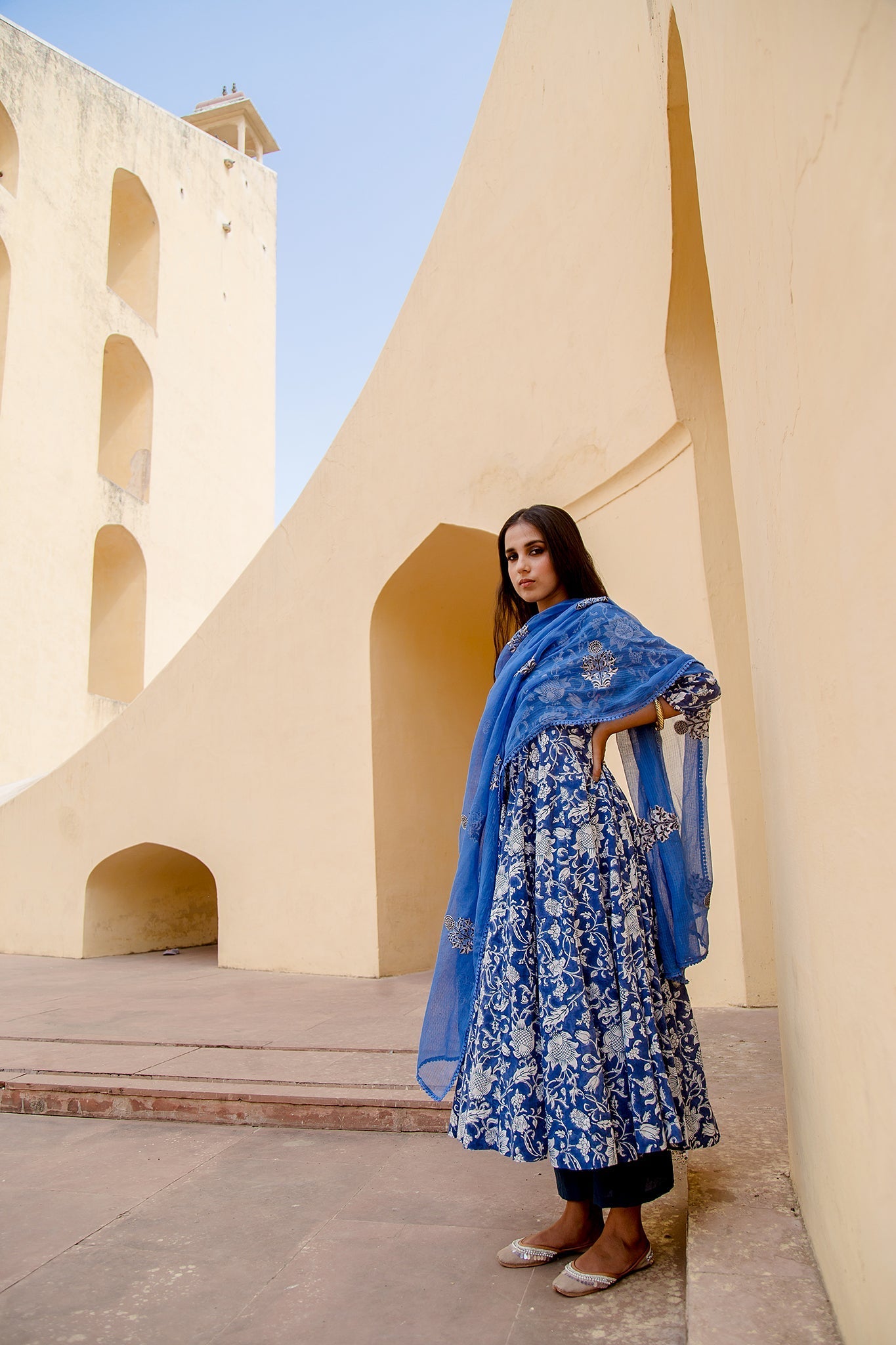 SUNFLOWER INDIGO JAAL ANARKALI SET Gulabo Jaipur