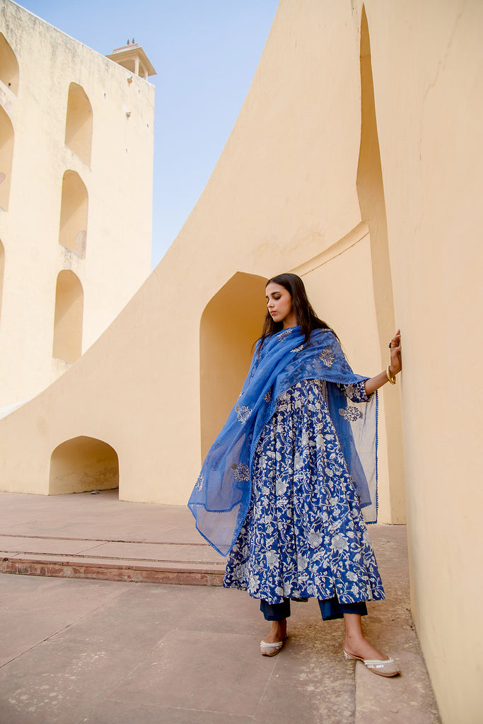 SUNFLOWER INDIGO JAAL ANARKALI SET Gulabo Jaipur