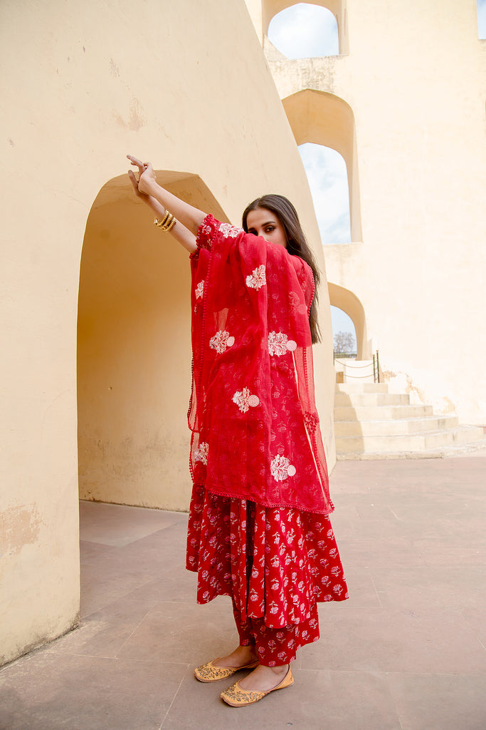 SUNFLOWER RED ANARKALI SET Gulabo Jaipur