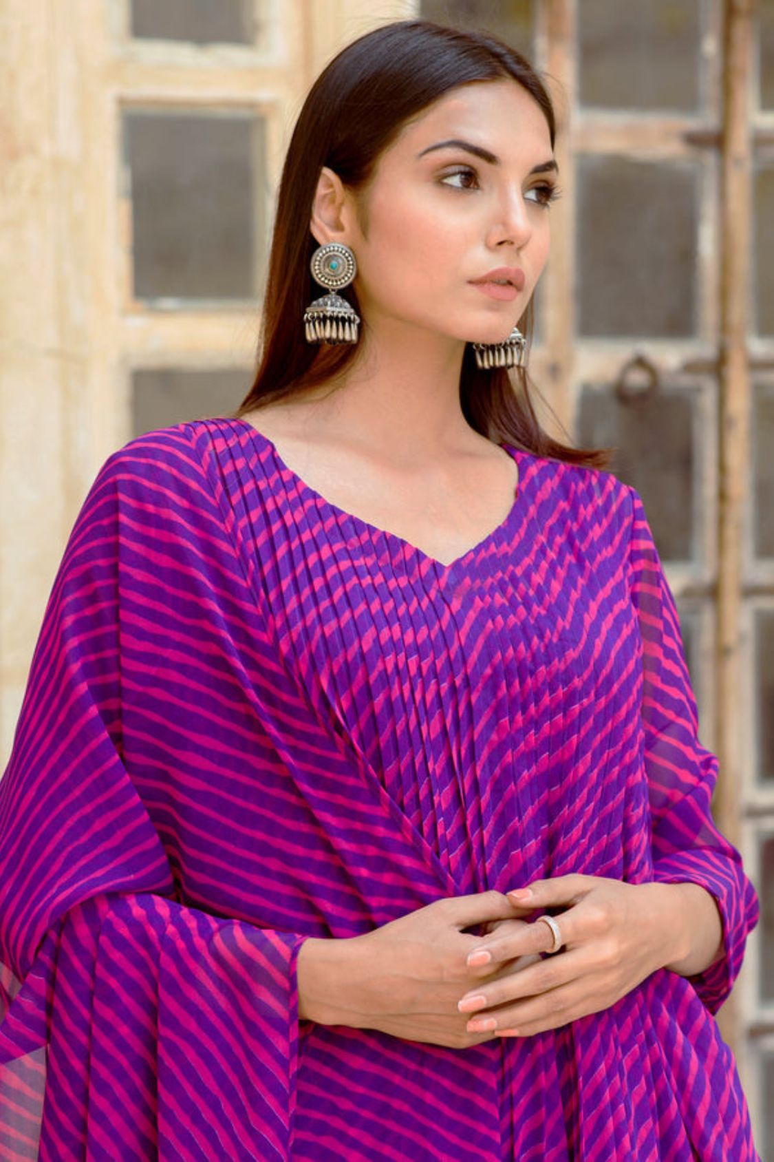 Georgette Rang Purple Leheriya Straight Kurta Set with Dupatta