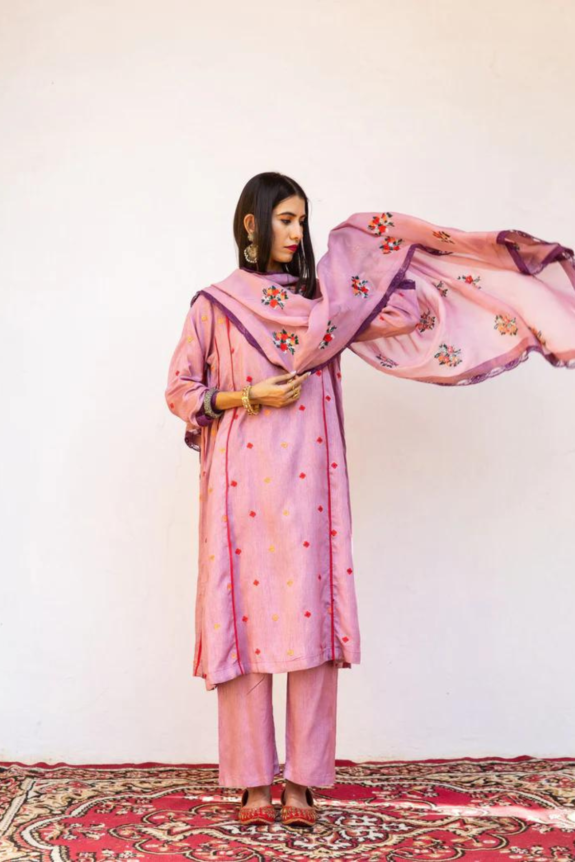 Muslin Amaira Purple Straight Kurta Set with Organza Dupatta