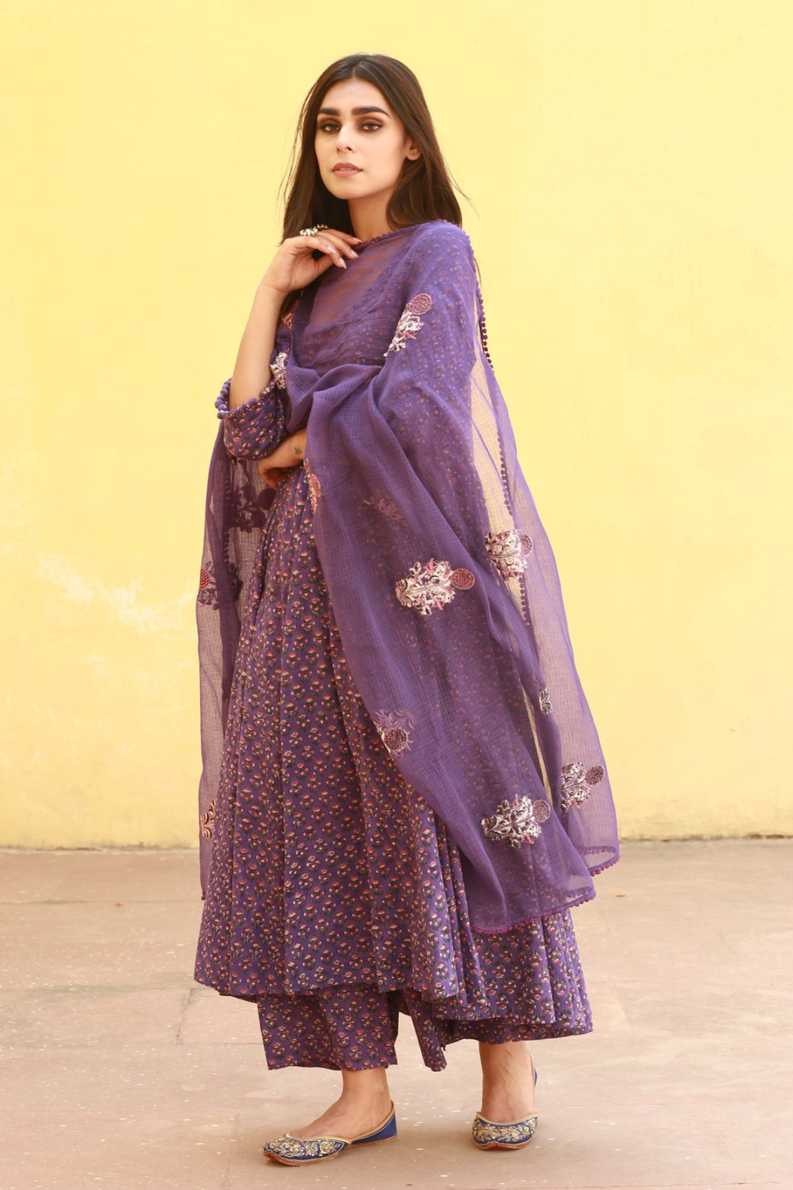 BLOCK PRINT SUNFLOWER PURPLE COTTON ANARKALI SET WITH DORIYA DUPATTA