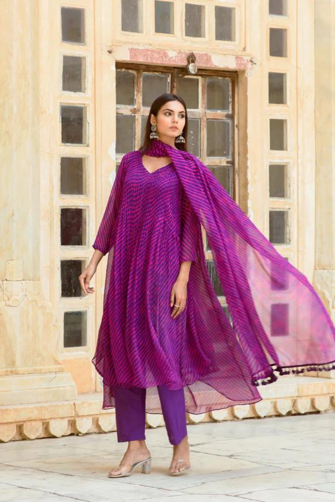 Georgette Rang Purple Leheriya Straight Kurta Set with Dupatta